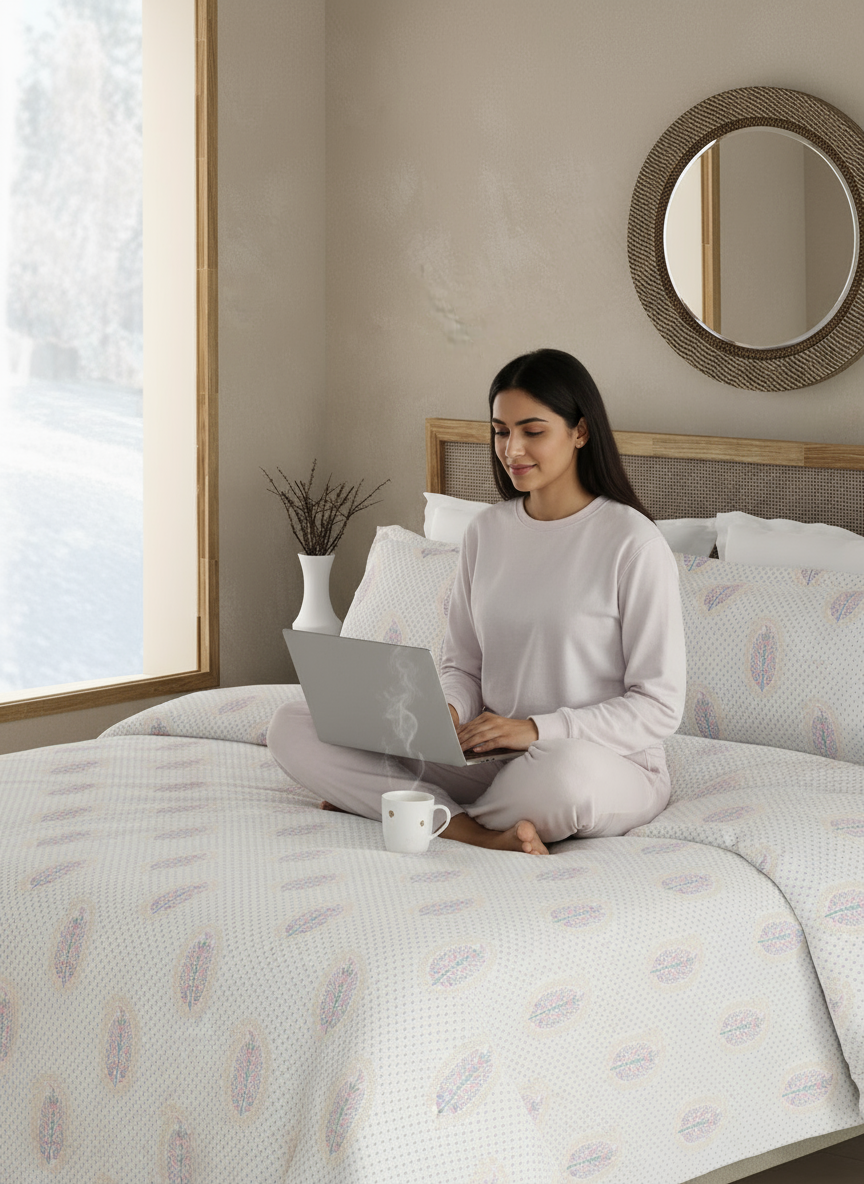 100% Kasturi Cotton King Bedsheet Set, 200 TC White & Grey Floral, Indo Musk