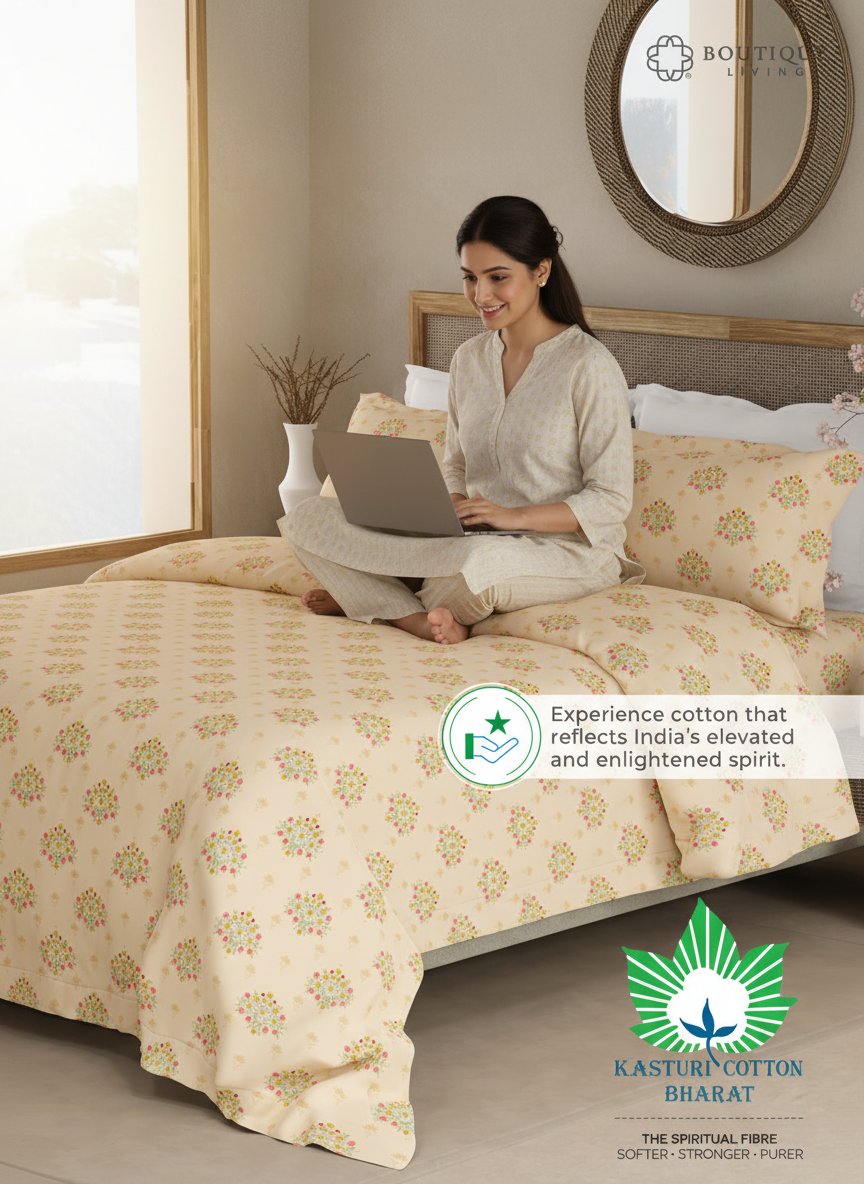 100% Kasturi Cotton King Bedsheet Set, 200 TC Light Yellow Floral, Indo Musk