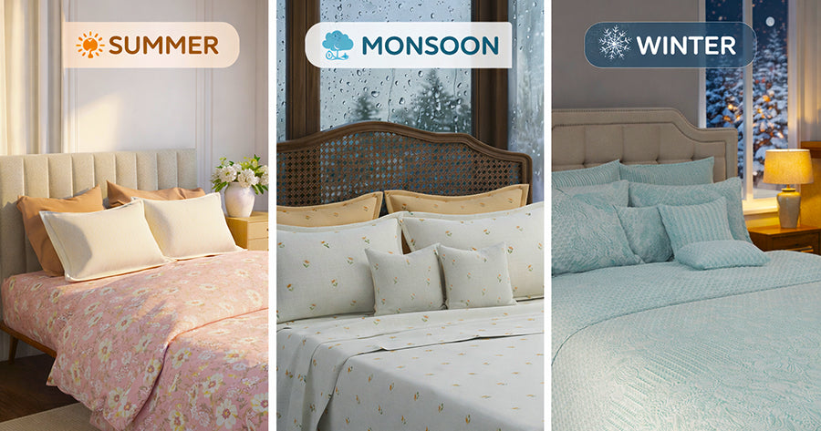 Summer, monsoon and winter bedsheet styles showing breathable cotton for summer, quick-dry fabric for monsoon, and warm textured bedding for winter.