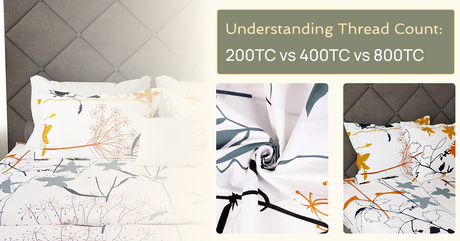 Bedding featuring floral patterns with different thread counts: 200TC, 400TC, and 800TC, showcasing softness and texture