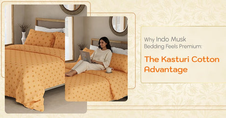 Woman relaxing on a Kasturi Cotton Indo Musk bedsheet set in a cozy bedroom, showcasing the premium comfort and design of Indo Musk bedding.