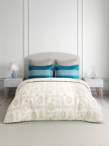Valatia 100% Cotton 200 TC Karigari Printed Double Bedsheet with 2 Pillow Covers - Blue & White