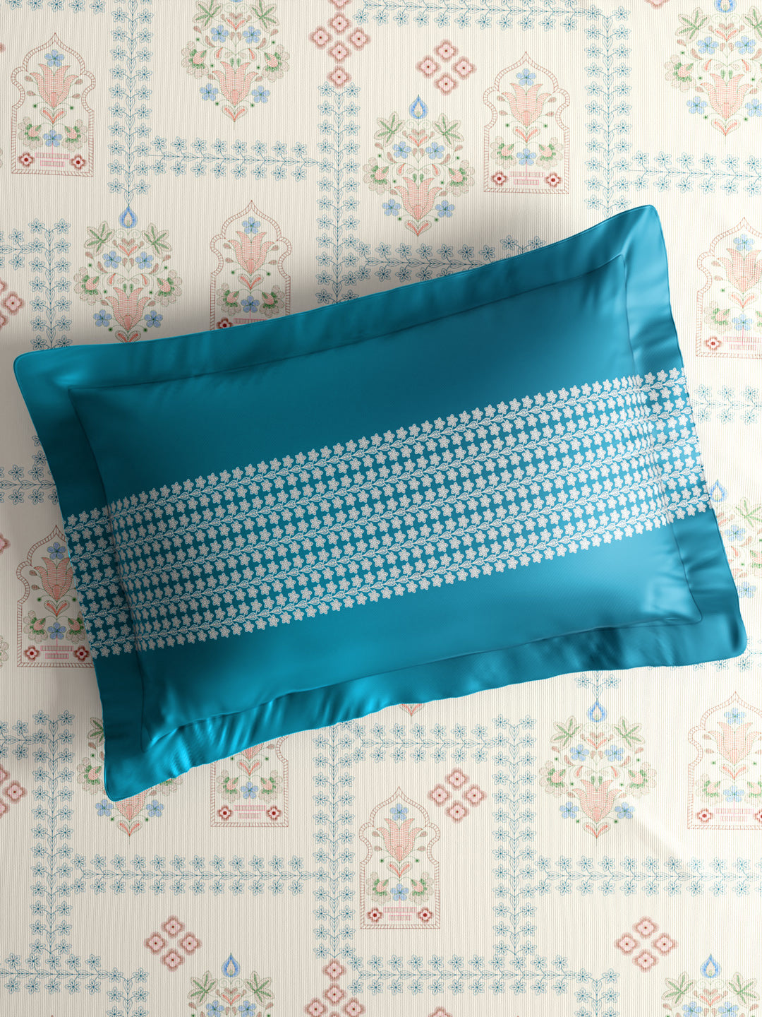 Valatia 100% Cotton 200 TC Karigari Printed Double Bedsheet with 2 Pillow Covers - Blue & White