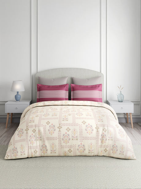 Valatia 100% Cotton 200 TC Karigari Printed Double Bedsheet with 2 Pillow Covers - Dark Pink & White