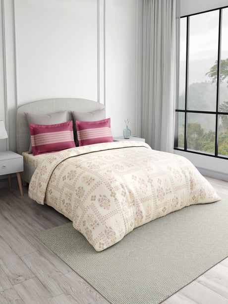 Valatia 100% Cotton 200 TC Karigari Printed Double Bedsheet with 2 Pillow Covers - Dark Pink & White