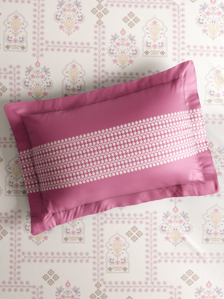 Valatia 100% Cotton 200 TC Karigari Printed Double Bedsheet with 2 Pillow Covers - Dark Pink & White