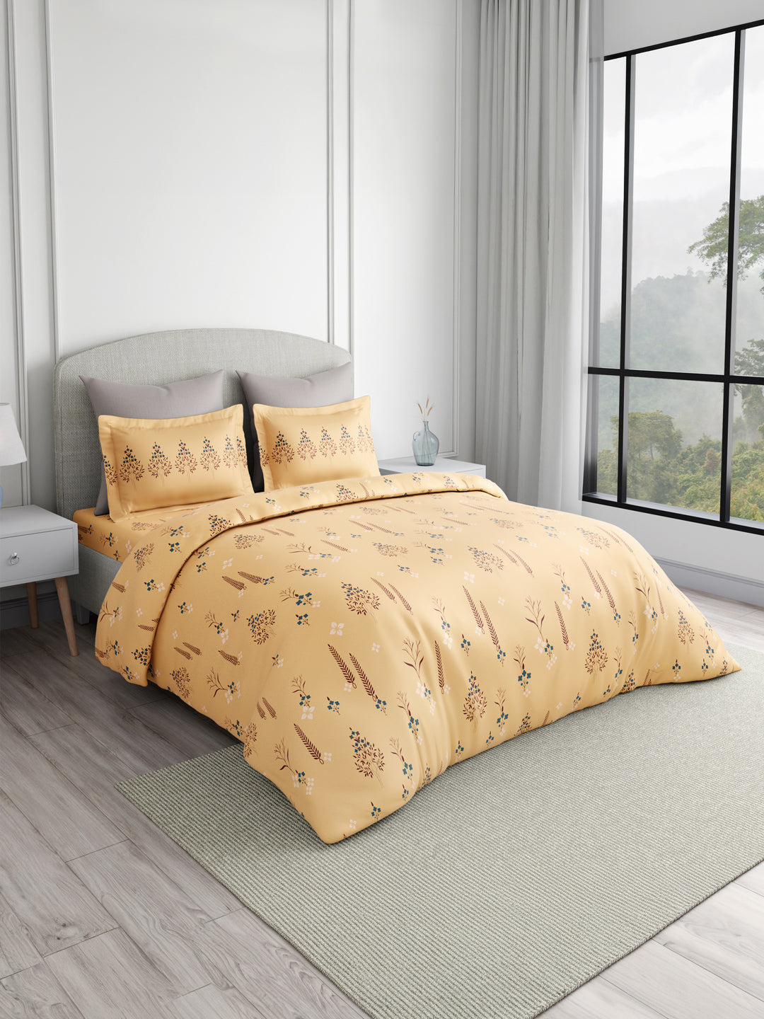 Valatia 100% Cotton 200 TC Karigari Printed Double Bedsheet with 2 Pillow Covers - Yellow