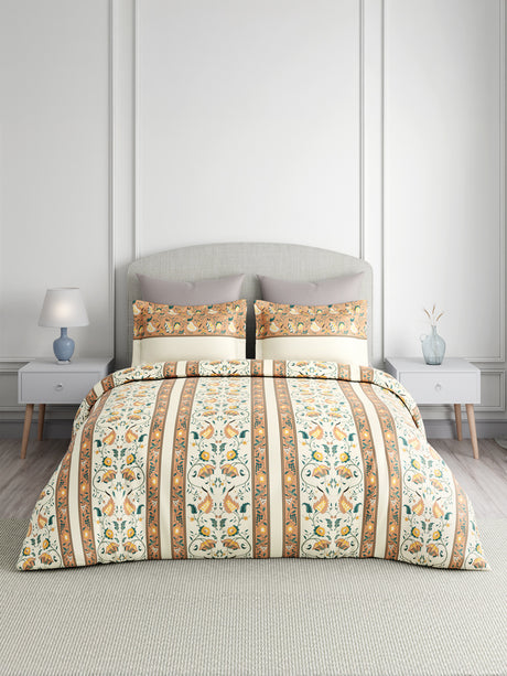 Valatia 100% Cotton 200 TC Karigari Printed Double Bedsheet with 2 Pillow Covers - Yellow & White