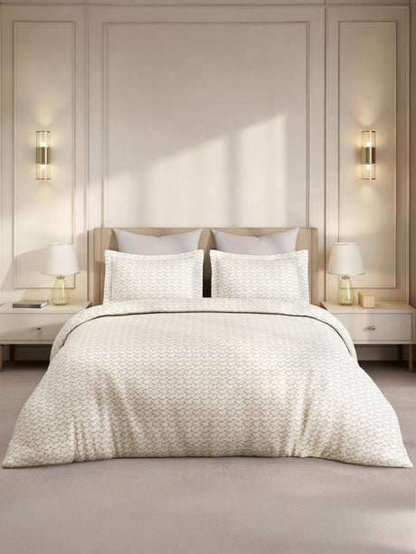Gardenia Augusta 100% Cotton 300 TC Super King Bedsheet with 2 Pillow Covers | White & Beige Digitally Printed
