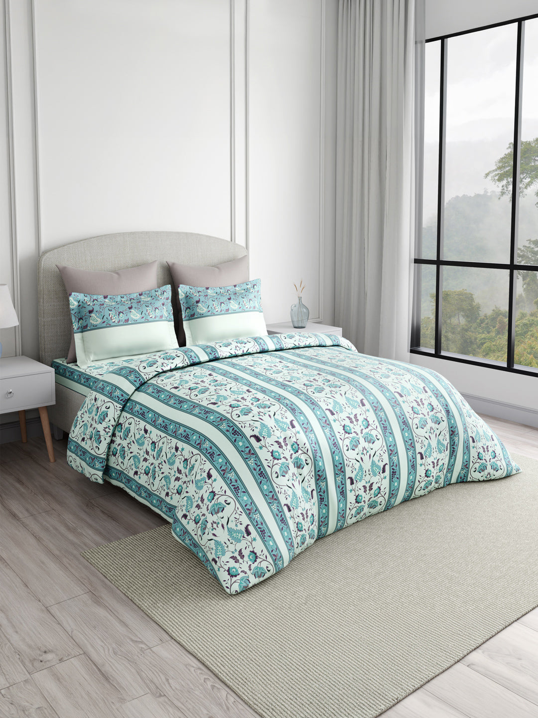 Valatia 100% Cotton 200 TC Karigari Printed Double Bedsheet with 2 Pillow Covers - Blue & White