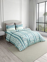 Valatia 100% Cotton 200 TC Karigari Printed Double Bedsheet with 2 Pillow Covers - Blue & White