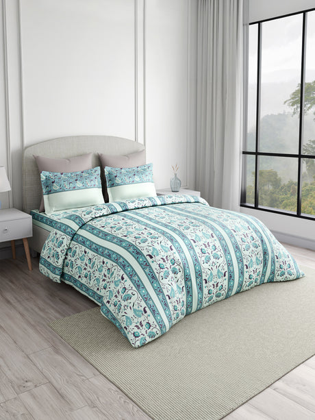 Valatia 100% Cotton 200 TC Karigari Printed Double Bedsheet with 2 Pillow Covers - Blue & White