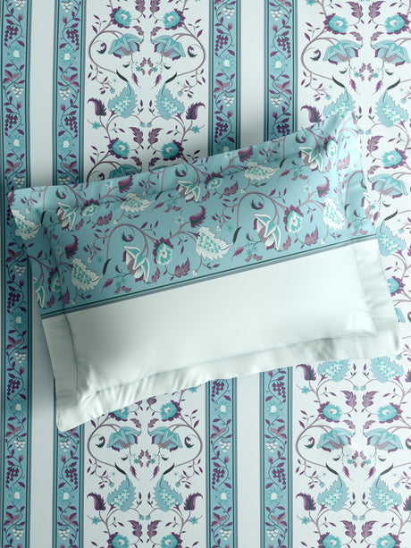 Valatia 100% Cotton 200 TC Karigari Printed Double Bedsheet with 2 Pillow Covers - Blue & White