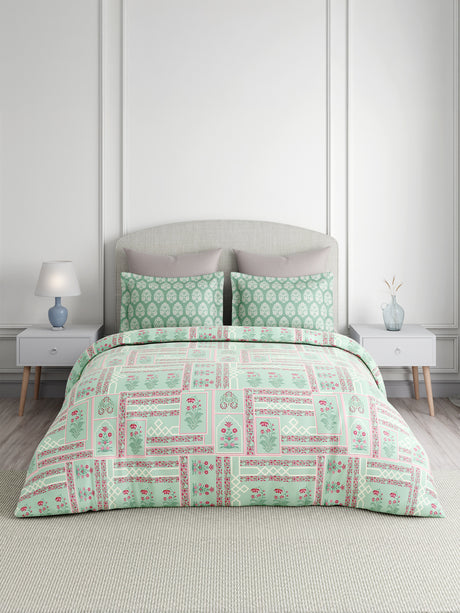 Valatia 100% Cotton 200 TC Karigari Printed Double Bedsheet with 2 Pillow Covers - Green & Pink
