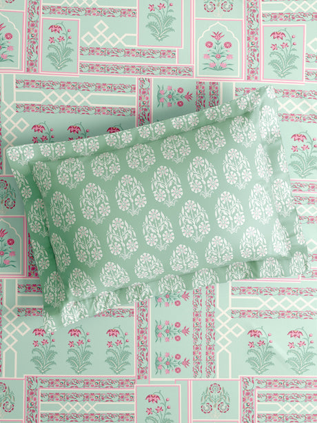 Valatia 100% Cotton 200 TC Karigari Printed Double Bedsheet with 2 Pillow Covers - Green & Pink