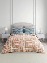 Valatia 100% Cotton 200 TC Karigari Printed Double Bedsheet with 2 Pillow Covers - Brown & Blue