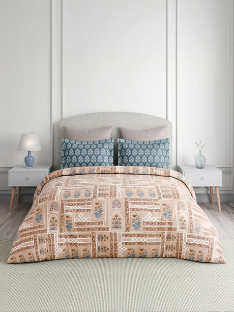 Valatia 100% Cotton 200 TC Karigari Printed Double Bedsheet with 2 Pillow Covers - Brown & Blue