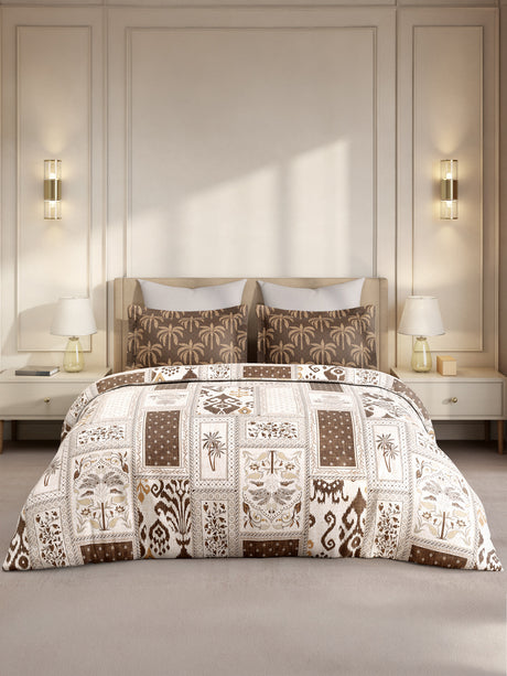 Gardenia Augusta 100% Cotton 300 TC King Bedsheet with 2 Pillow Covers | Brown & White Digitally Printed