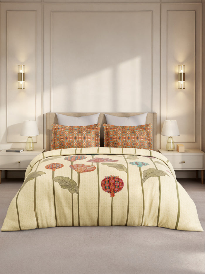 Gardenia Augusta 100% Cotton 300 TC King Bedsheet with 2 Pillow Covers | Beige Digitally Printed