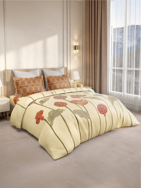 Gardenia Augusta 100% Cotton 300 TC King Bedsheet with 2 Pillow Covers | Beige Digitally Printed