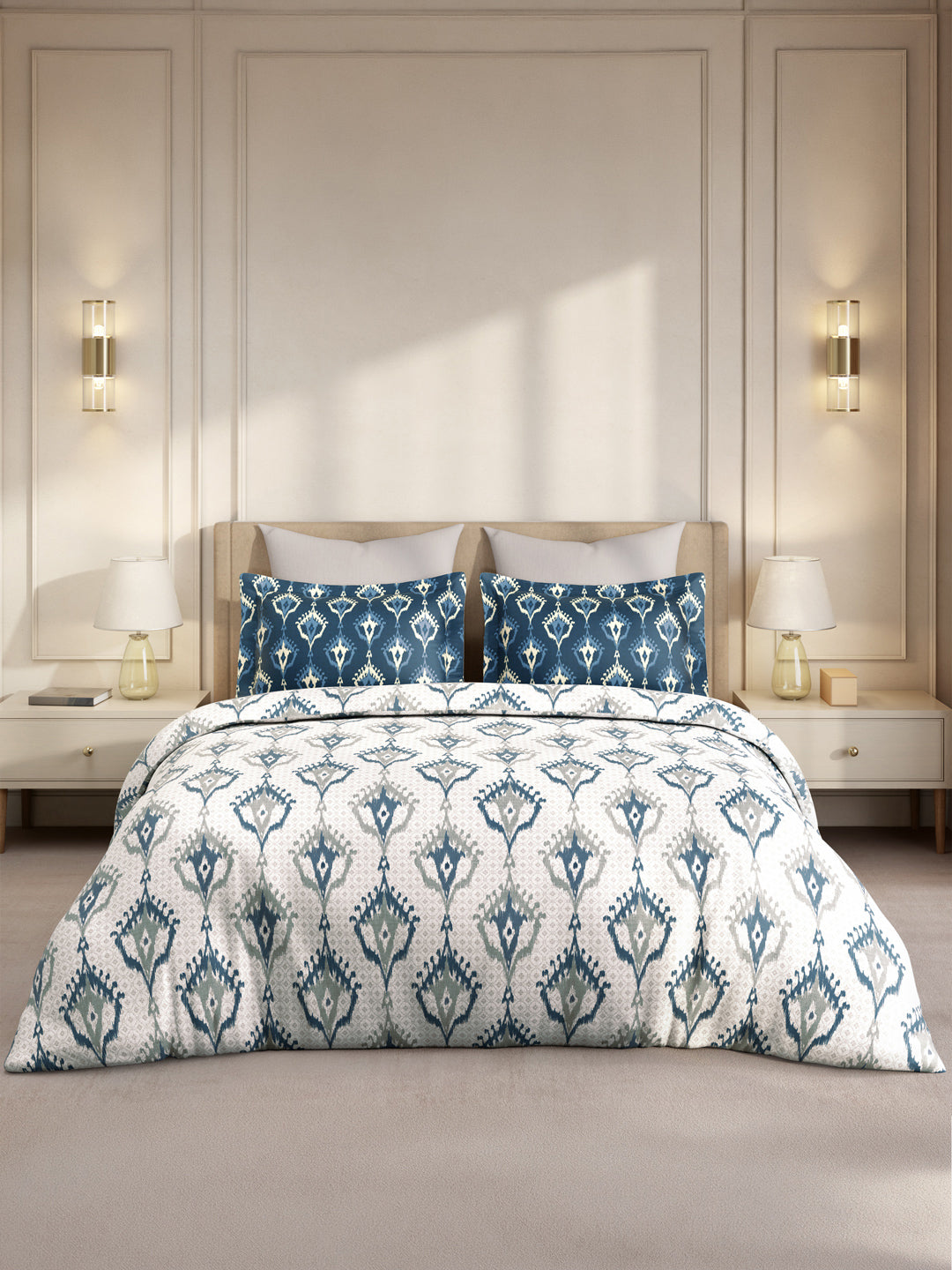 Gardenia Augusta 100% Cotton 300 TC King Bedsheet with 2 Pillow Covers | Blue & White Digitally Printed