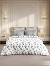 Gardenia Augusta 100% Cotton 300 TC King Bedsheet with 2 Pillow Covers | White & Grey Floral Digital Print