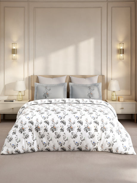 Gardenia Augusta 100% Cotton 300 TC King Bedsheet with 2 Pillow Covers | White & Grey Floral Digital Print