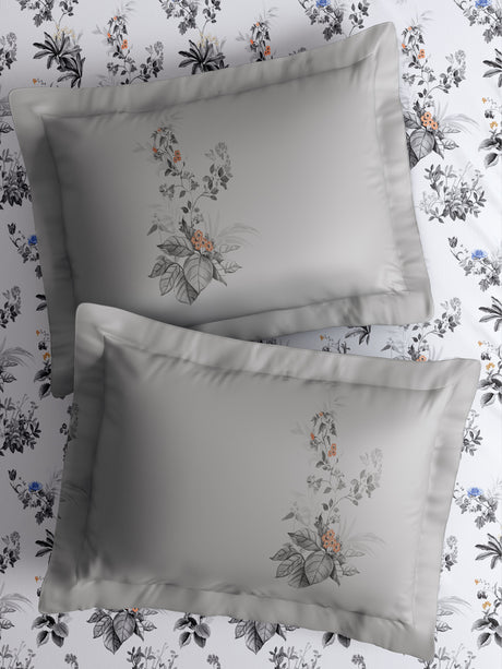 Gardenia Augusta 100% Cotton 300 TC King Bedsheet with 2 Pillow Covers | White & Grey Floral Digital Print