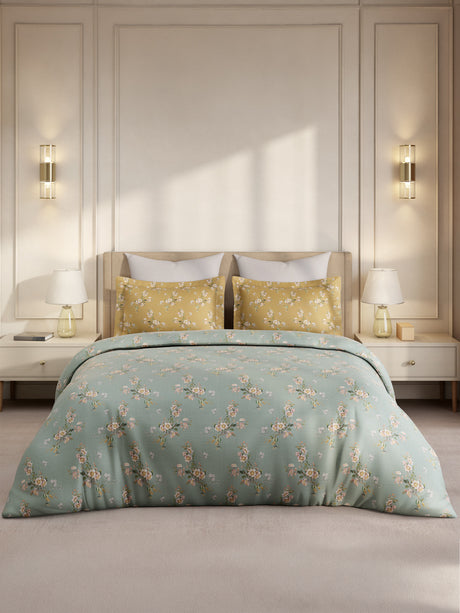 Gardenia Augusta 100% Cotton 300 TC King Bedsheet with 2 Pillow Covers | Yellow & Grey Floral Digital Print