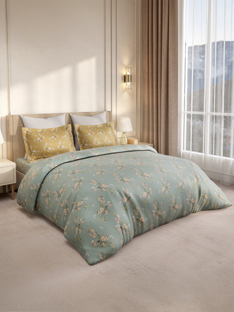 Gardenia Augusta 100% Cotton 300 TC King Bedsheet with 2 Pillow Covers | Yellow & Grey Floral Digital Print
