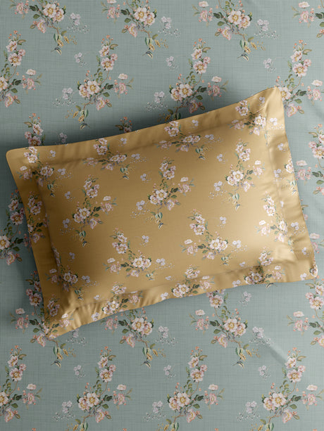 Gardenia Augusta 100% Cotton 300 TC King Bedsheet with 2 Pillow Covers | Yellow & Grey Floral Digital Print