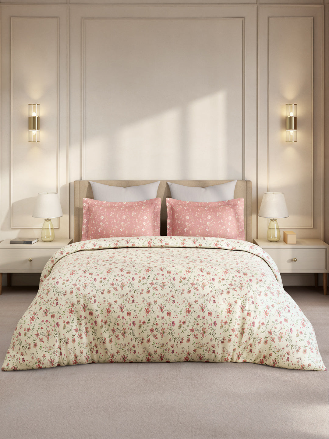 Gardenia Augusta 100% Cotton 300 TC King Bedsheet with 2 Pillow Covers | Pink & White Floral Digital Print