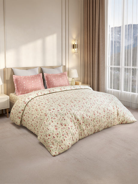 Gardenia Augusta 100% Cotton 300 TC King Bedsheet with 2 Pillow Covers | Pink & White Floral Digital Print
