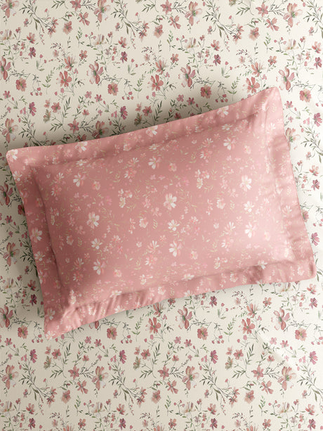 Gardenia Augusta 100% Cotton 300 TC King Bedsheet with 2 Pillow Covers | Pink & White Floral Digital Print
