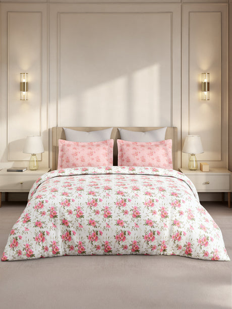 Gardenia Augusta 100% Cotton 300 TC King Bedsheet with 2 Pillow Covers | White & Pink Floral Digital Print