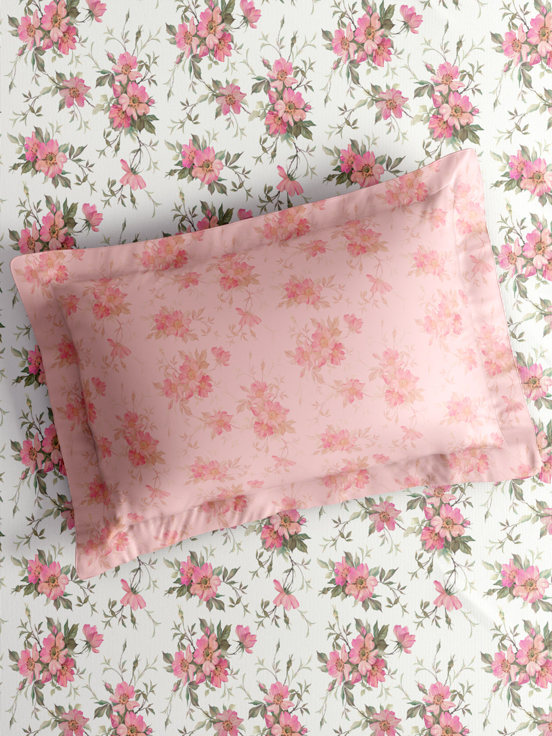 Gardenia Augusta 100% Cotton 300 TC King Bedsheet with 2 Pillow Covers | White & Pink Floral Digital Print