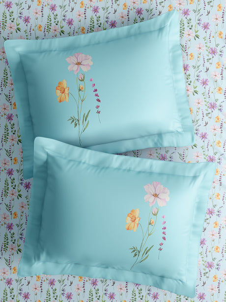Gardenia Augusta 100% Cotton 300 TC King Bedsheet with 2 Pillow Covers | Blue Floral Digital Print