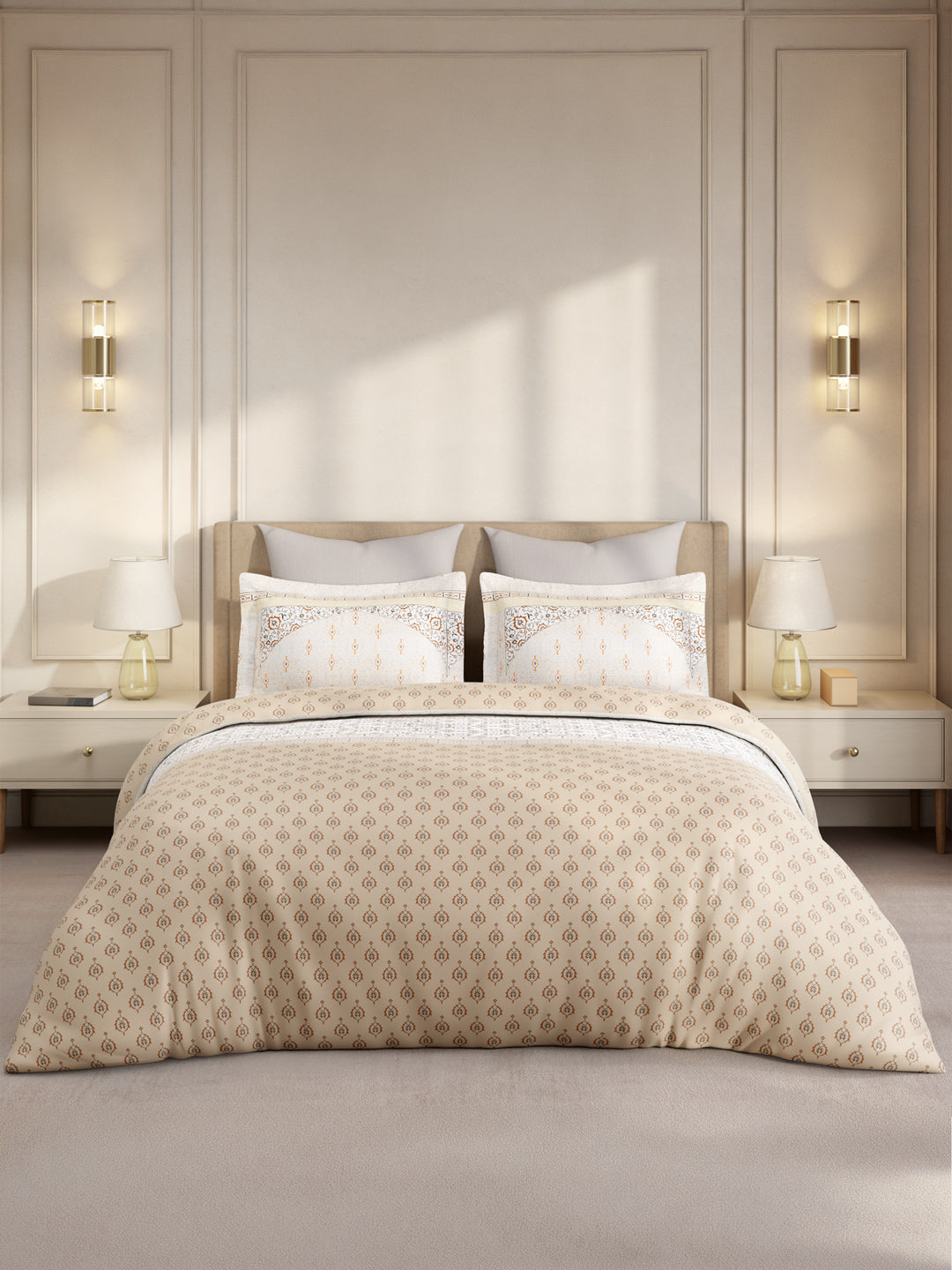 Gardenia Augusta 100% Cotton 300 TC King Bedsheet with 2 Pillow Covers | White & Beige Digital Ethnic Print
