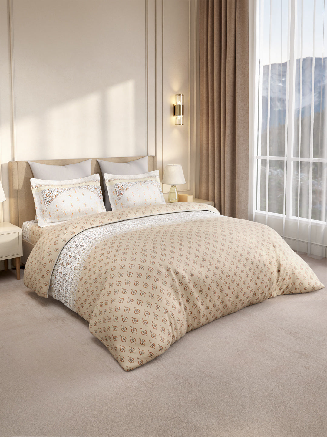 Gardenia Augusta 100% Cotton 300 TC King Bedsheet with 2 Pillow Covers | White & Beige Digital Ethnic Print