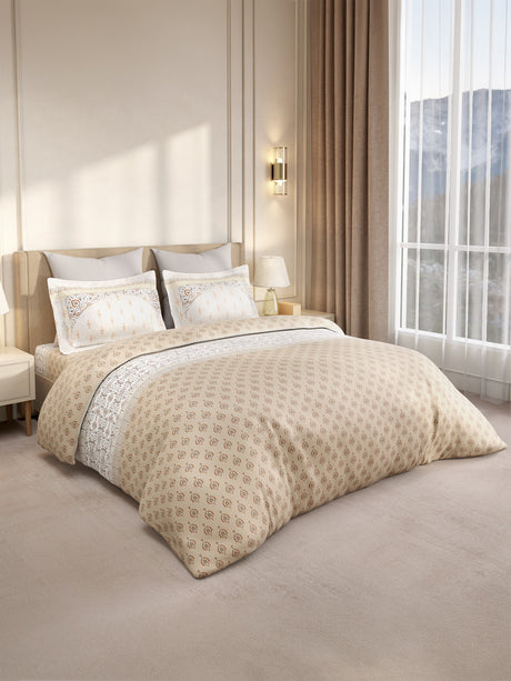 Gardenia Augusta 100% Cotton 300 TC King Bedsheet with 2 Pillow Covers | White & Beige Digital Ethnic Print