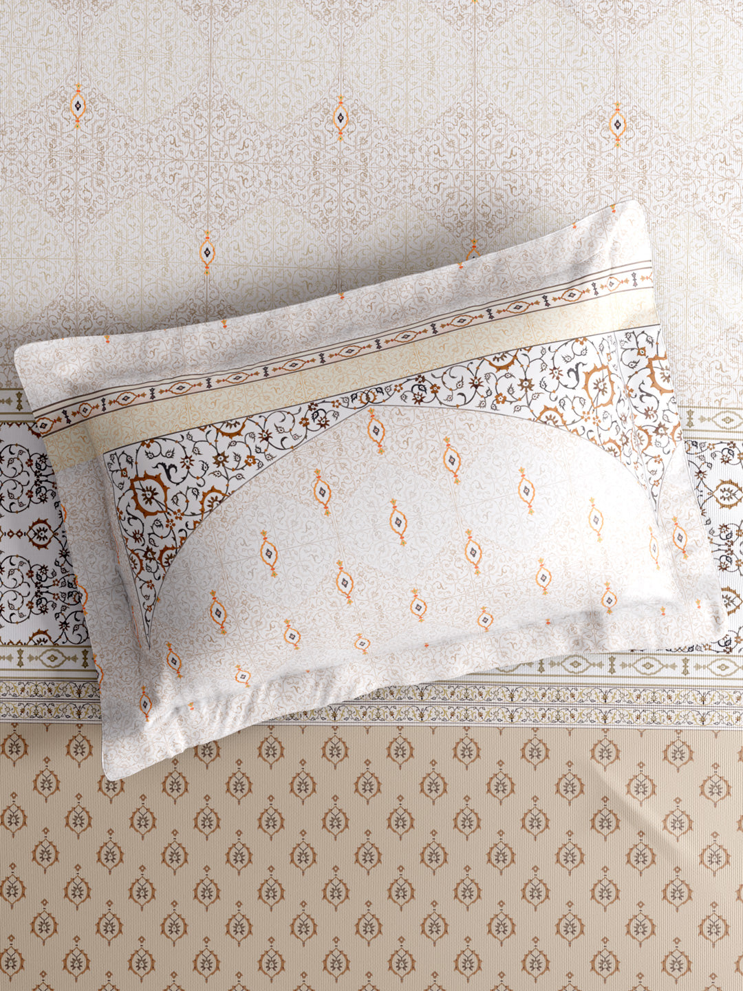 Gardenia Augusta 100% Cotton 300 TC King Bedsheet with 2 Pillow Covers | White & Beige Digital Ethnic Print