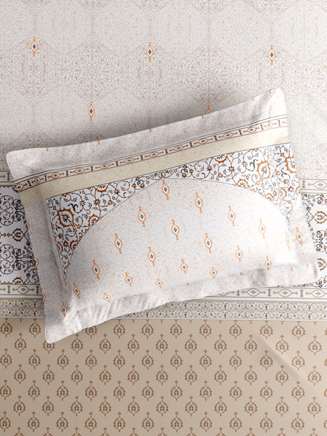 Gardenia Augusta 100% Cotton 300 TC King Bedsheet with 2 Pillow Covers | White & Beige Digital Ethnic Print