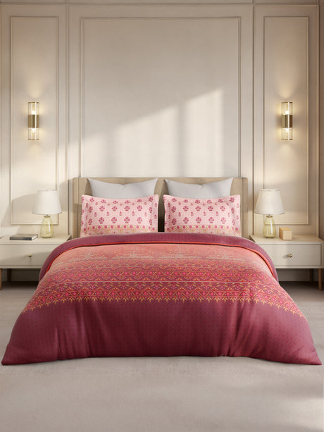 Gardenia Augusta 100% Cotton 300 TC King Bedsheet with 2 Pillow Covers | Pink Digital Ethnic Print