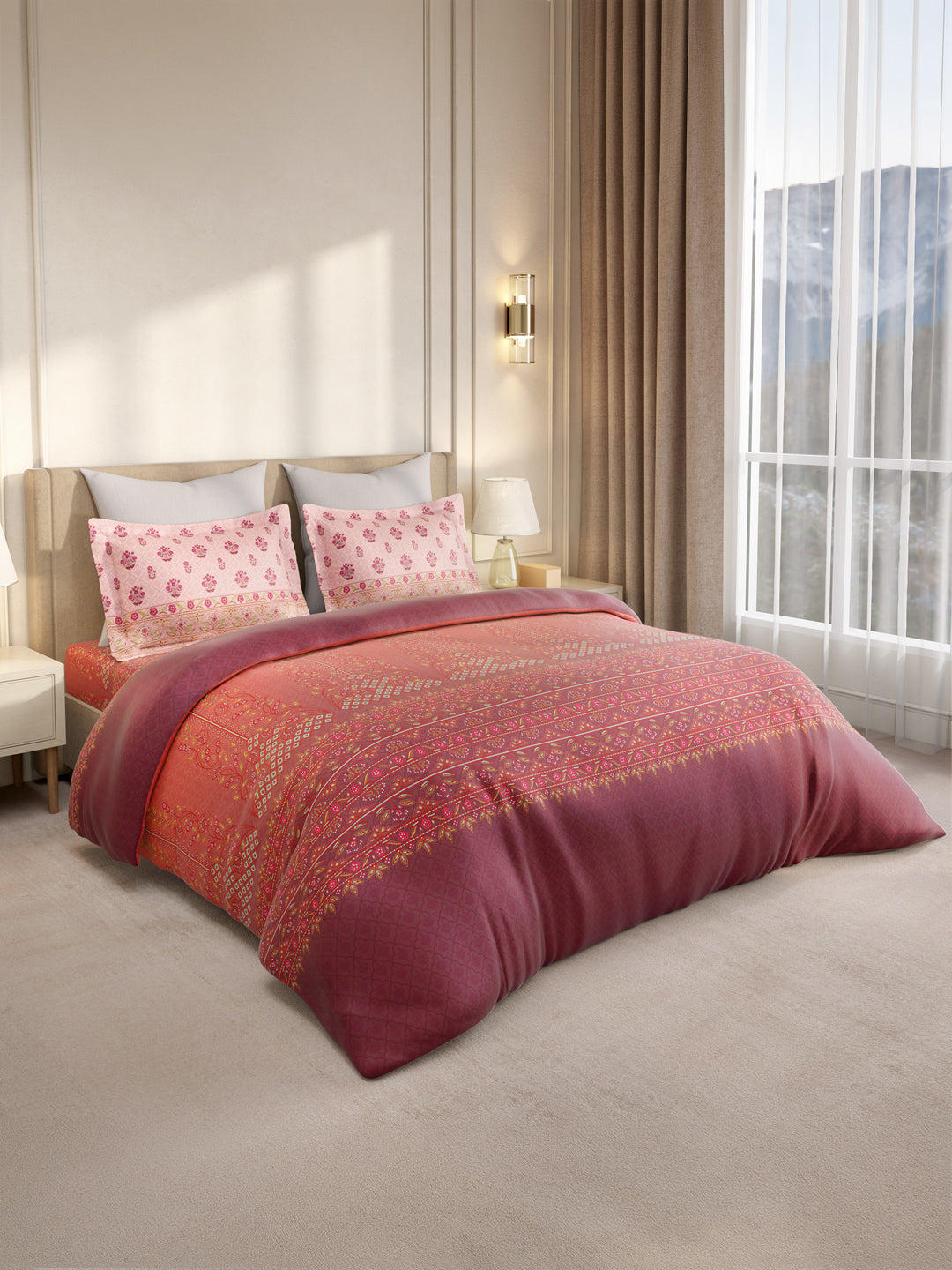 Gardenia Augusta 100% Cotton 300 TC King Bedsheet with 2 Pillow Covers | Pink Digital Ethnic Print