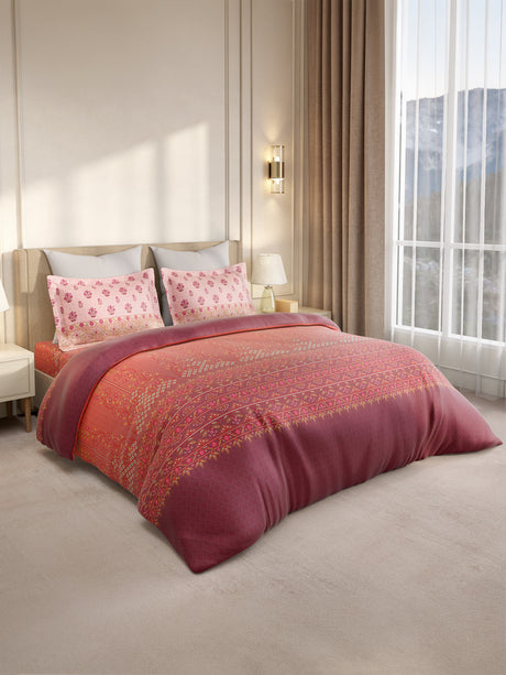 Gardenia Augusta 100% Cotton 300 TC King Bedsheet with 2 Pillow Covers | Pink Digital Ethnic Print