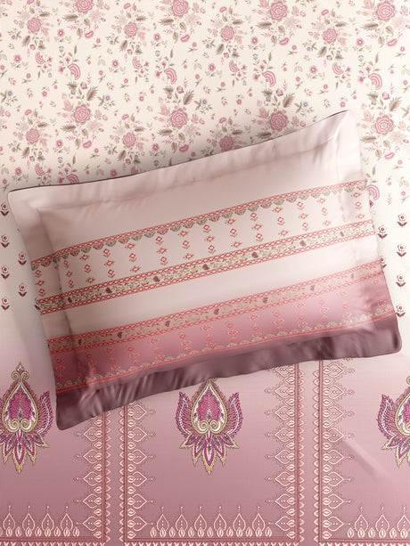 Gardenia Augusta 100% Cotton 300 TC King Bedsheet with 2 Pillow Covers | Pink & White Digital Ethnic Print