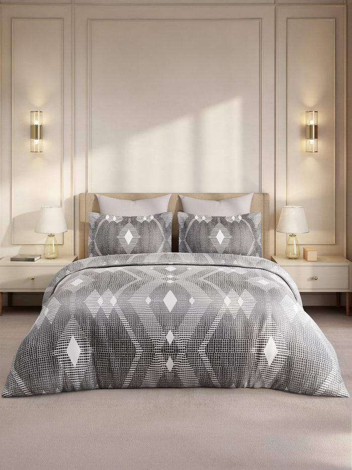 Gardenia Augusta 100% Cotton 300 TC King Bedsheet with 2 Pillow Covers | Grey Geometric Digital Print