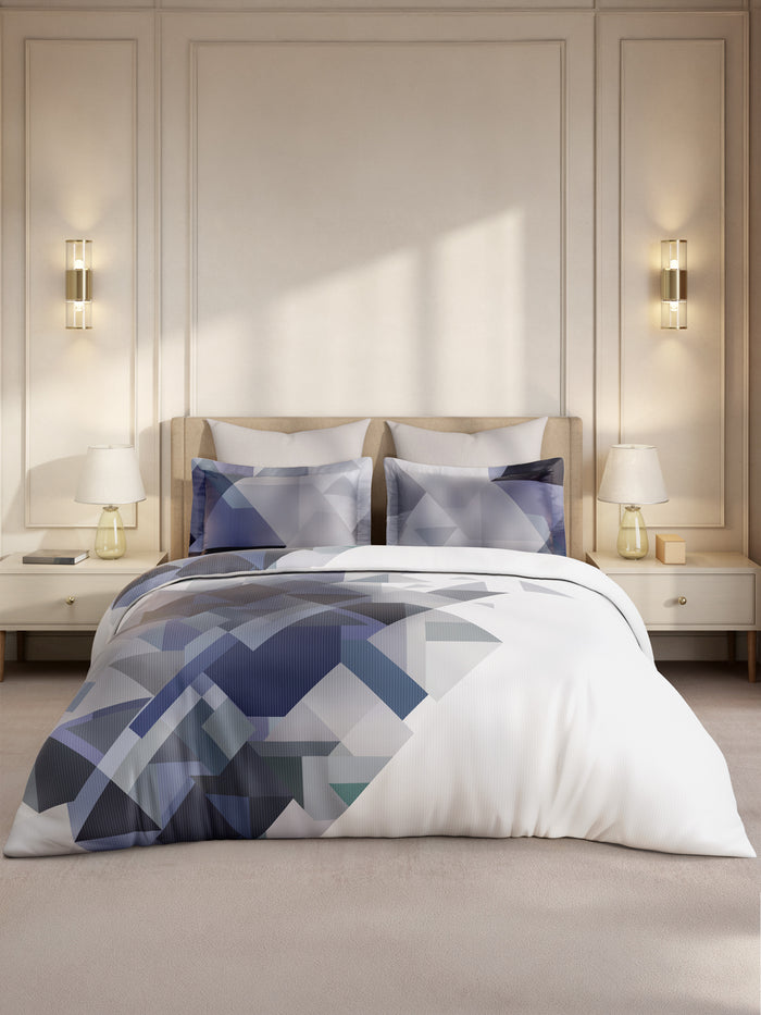 Gardenia Augusta  100% Cotton 300 TC King Bedsheet with 2 Pillow Covers | Blue & Grey Digital Geometrical Print