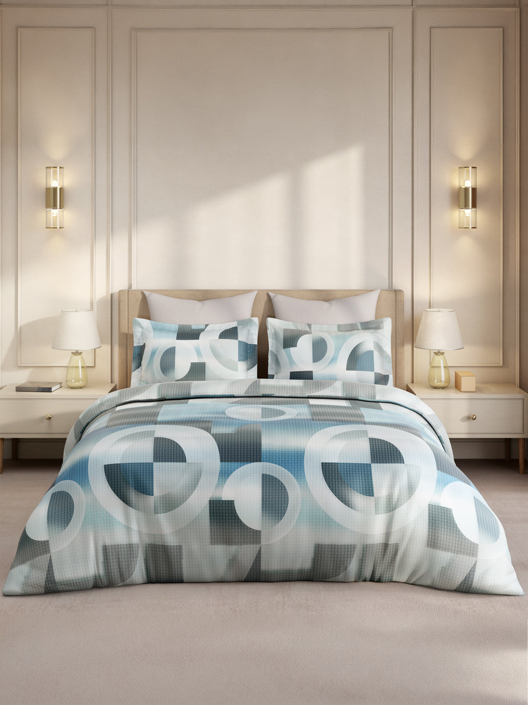 Gardenia Augusta 100% Cotton 300 TC King Bedsheet with 2 Pillow Covers | Blue & White Digital Geometrical Print