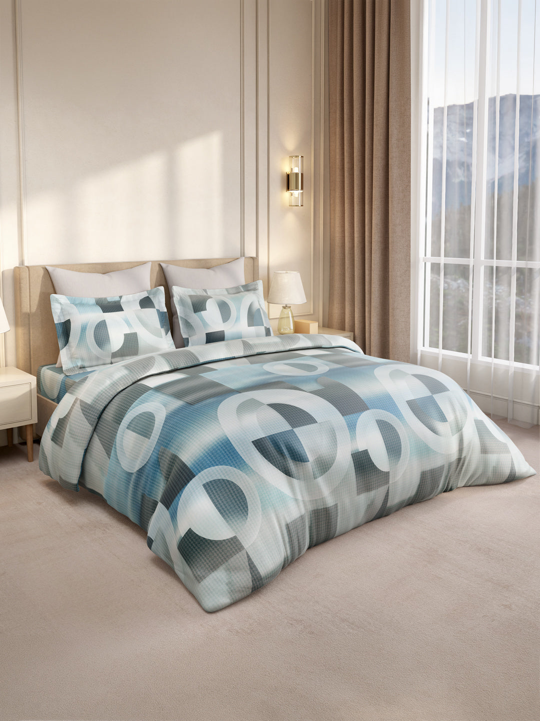 Gardenia Augusta 100% Cotton 300 TC King Bedsheet with 2 Pillow Covers | Blue & White Digital Geometrical Print